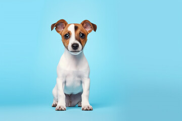 adorable cute dog standing isolated on blue background, with Copy space for text