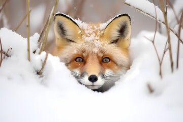 A curious red fox peeking out from behind a snowy mound in a winter wonderland.