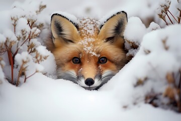 A curious red fox peeking out from behind a snowy mound in a winter wonderland.