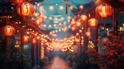 Chinatown lantern hanging at small street, 3d rendering illustration background for happy chinese new year 2024 the dragon zodiac sign with red and gold color, flower, lantern, and asian elements. - obrazy, fototapety, plakaty