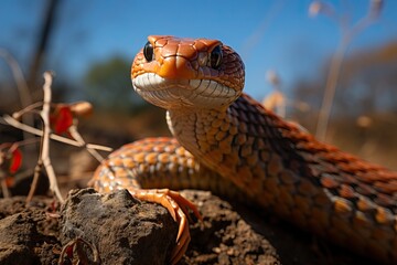 Red snake on a branch, close up of the snake