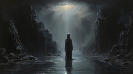 Mysterious Figure Standing Amidst Rocky Terrain Under Ethereal Light in a Dark, Atmospheric Landscape