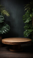 Empty round wooden table and tropical leaves on dark background. For product display. High quality photo
