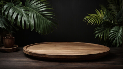 Empty round wooden table and tropical leaves on dark background. For product display. High quality...