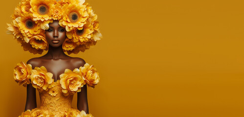 Portrait of an African woman with large yellow flowers.