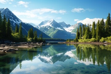 Fototapeta na wymiar Serene Mountain Lake Landscape with Reflective Waters