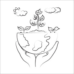 Ecology, sustainable nature, planet conversation concept. Hands human holding earth planet with growth plant sun around taking care 