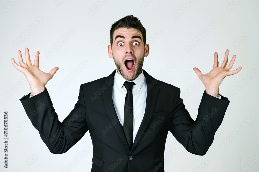 Wall mural excited business man wearing suit feeling shocked amazed isolated on white background. surprised bus