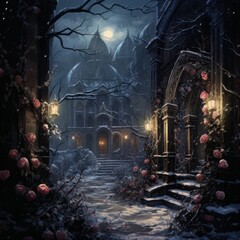Enchanted Gothic Garden in Winter Moonlight