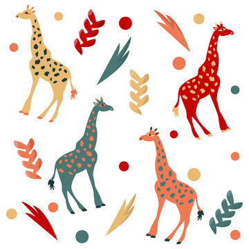 Cute multicolored seamless green-yellow-red-orange pattern giraffes with dots, branches on white background. Colorful vector illustration for cards, business, banners, textile, wallpaper, wrapping