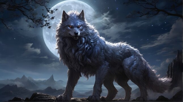 Mystical Wolf Under Full Moonlight Amidst Rocky Mountains and Starry Night Sky
