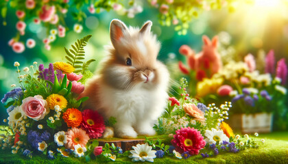 Fototapeta na wymiar Adorable Rabbit in Blooming Garden easter card banner