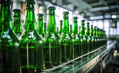Green beer bottles on production line, factory background.