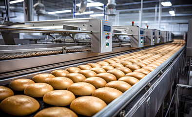 Bread on an automated conveyor system.
