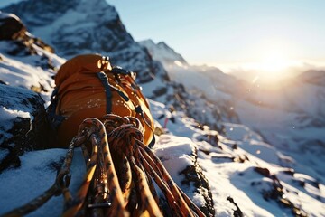 Summit Challenge: A Wide Low Angle First Person View of a Mountain Peak, Featuring Climbing Ropes and Gears, Selectively Focused on the Adrenaline-Fueled Adventure of Ascent.




 - Powered by Adobe