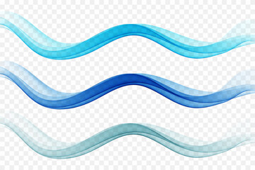 Collection of wavy wave design elements in blue color. Abstract blue wave on a transparent background.