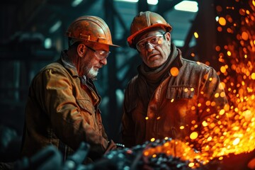 Technician and engineer working together at steel factory