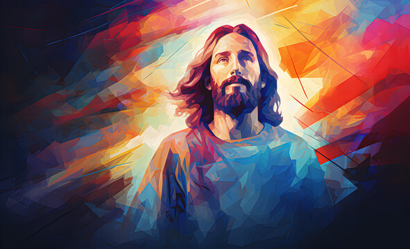 Colorful image of Jesus Christ on an illuminated background with flowers.