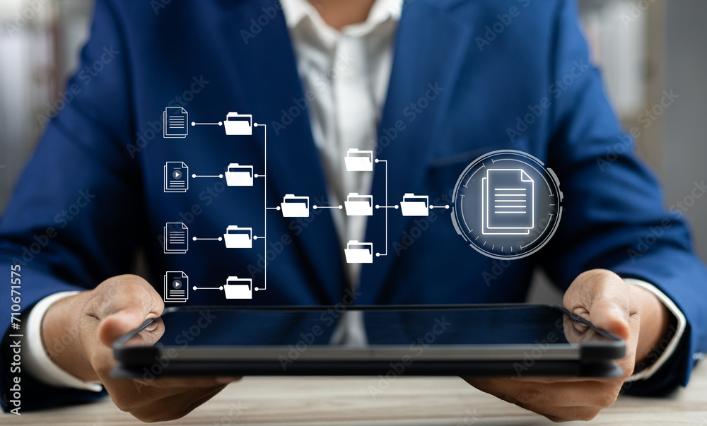 Aufkleber Document management system concept (DMS), Businessman working laptop virtual screen icons folder and document management system, Software for archiving, Searching and managing files corporate document