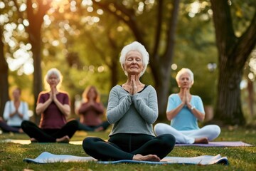 Group of senior women having a outdoor yoga session at park