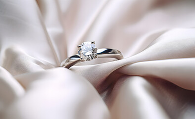 A diamond ring on white silk. - obrazy, fototapety, plakaty