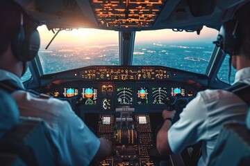 Close up of two pilots flying a commercial plane - obrazy, fototapety, plakaty