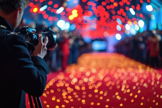 Red carpet event photography with cameras and bokeh lights