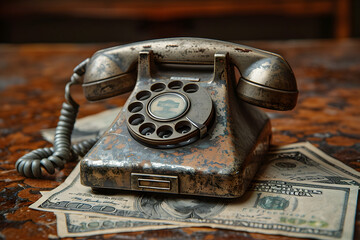 Vintage telephone on a wooden surface with scattered US dollar bills, depicting old communication and finance. - Powered by Adobe