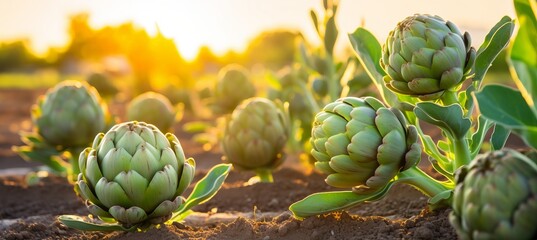 Vibrant artichoke plants flourishing in a bountiful summer harvest on an open plantation.