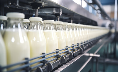 Bottling of milk or yogurt into glass bottles in a factory. Equipment at the dairy plant