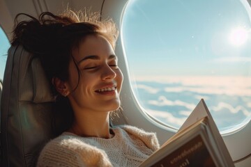 Smiling young woman reading book on flight