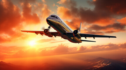 Plane against the background of the setting sun