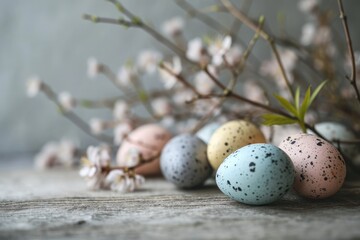 Naklejka na ściany i meble Pastel-Colored Speckled Easter Eggs and Cherry Blossoms on Rustic Wooden Surface