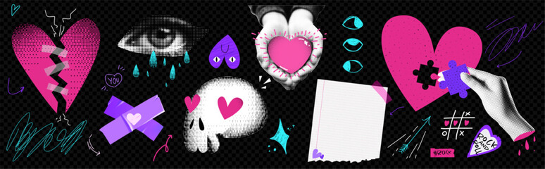 A pack of elements for a collage on the theme of a broken heart. Aesthetics of emo zoomers. Vector trendy illustration - obrazy, fototapety, plakaty
