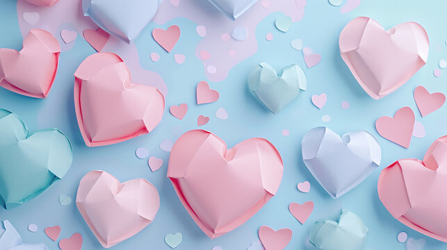 pink and blue origami hearts isolated on a blue background  wallpaper Stock Photography