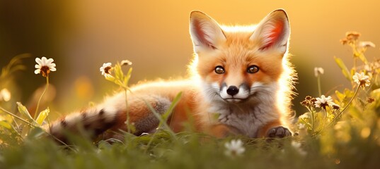 Obraz premium Gorgeous red fox confidently posing in the midst of a picturesque meadow on a glorious summer day.