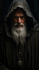 Portrait of a Wise Old Wizard Merlin King Arthur Magician in Hoodie and Long White Beard  - obrazy, fototapety, plakaty