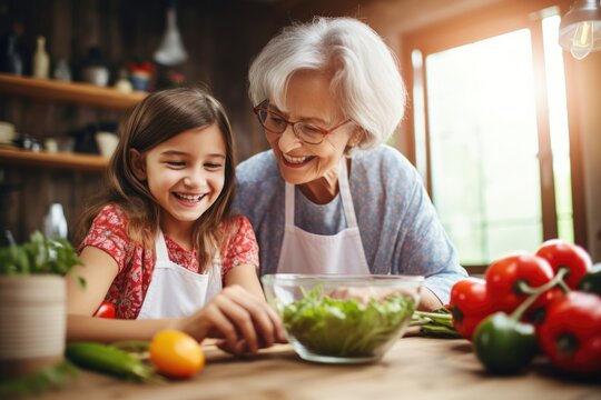 Generations in the Kitchen: A Grandmother and Child Preparing Together Fresh Salad in a Rustic Kitchen, Bonding with Love, Connection, and Culinary Tradition.