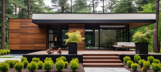 Luxury minimalist cube house with wooden cladding and black panel walls, front yard landscaping - obrazy, fototapety, plakaty