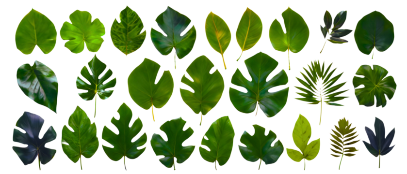 set tropical leaves. Monstera isolated on white background. Exotic plant leaves. Green vector isolated elements on the transparent background. Flat lay