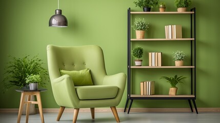 Scandinavian greenery living room with green sofa, chair, and bookshelf against green wall.