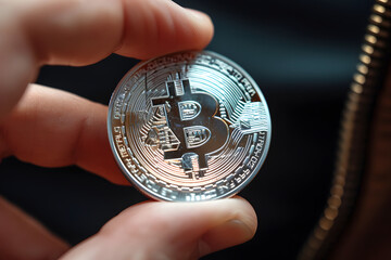 Close-up of a hand holding a silver Bitcoin coin, symbolizing cryptocurrency investment and digital finance.