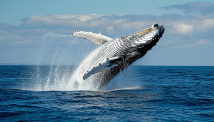 Humpback Whale Jumping Out of the Water - obrazy, fototapety, plakaty