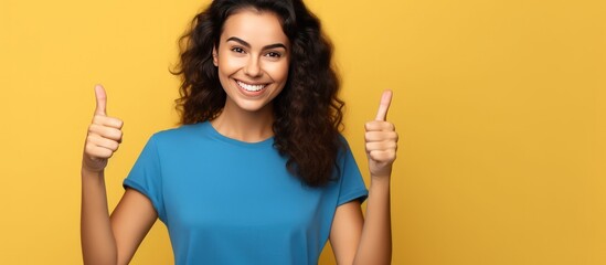 Portrait cheerful young woman model posing on vibrant color background. Generate AI image - obrazy, fototapety, plakaty