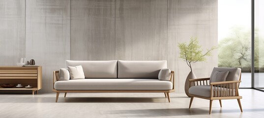 Japandi home interior with grey armchair and beige loveseat sofa in modern living room