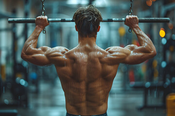 Muscular man doing pull-ups at a gym, showcasing strength and fitness with a blurred background.