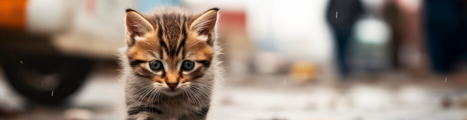 Fototapeta premium A homeless kitten walks in the rain. Small kitten on the street, close-up of the muzzle. Banner. Abandoned pet
