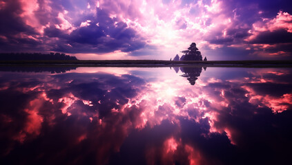 stunning purple fantasy sunset over the lake with vibrant colors reflecting in the water in a zen and calm enviroment