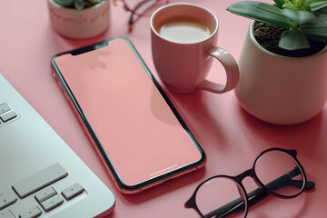 Minimalist workspace with coffee cup, smartphone, glasses, and plant on a pink background.
