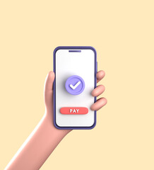 3d rendering of smartphone with hand, 3D pastel smaprtphone with ornaments business finance, icon set.